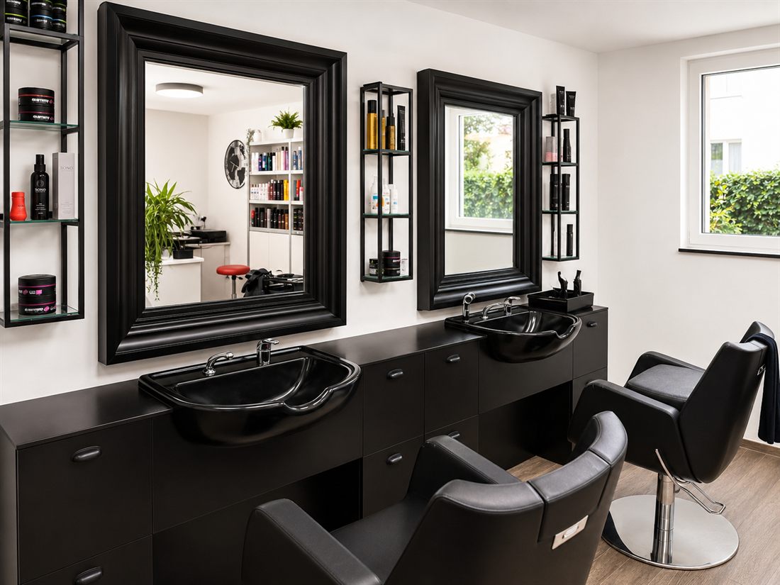 Elegante schwarze Waschplätze mit Spiegeln im Salon